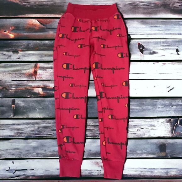 Champion Reverse Weave Joggers S All Over Print Spell Out Red Track Pants Pocket - Picture 7 of 16